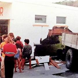 "First Drive in Butcher" - accident at Kaniere  Butcher`s Shop. Dec 1976. *PHOTO ALBUM*
