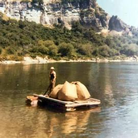 Kees Trompetter bringing the wool back over the Buller River at Whitecliffs area, ca 1960's.