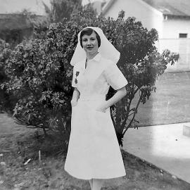 Anne Parkinson outside Reefton Hospital, 1960's.