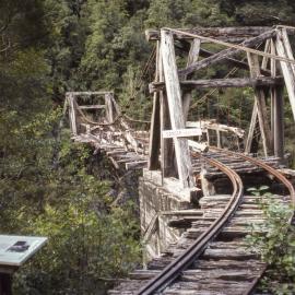  Old suspension bridge in the Ngakawau Gorge.1981.