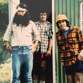 Glenn Lawson, Terry Sweetman and Neil Wallace at Terry's back country hut in Westland, about 1977