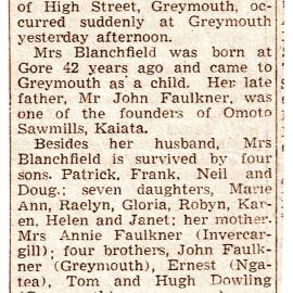Anne Blanchfield ,Wife of Paddy Blanchfield - Obituary,1960.  -ALBUM -