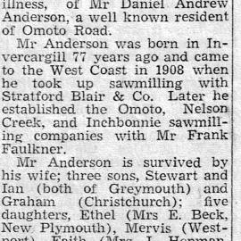 Daniel Anderson -  partner in Faulkner & Anderson sawmills. Obituary,1965.