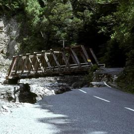 Washout of bridge in Otira gorge in the 1979 storm.