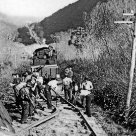 Looking towards Rotomanu, showing the engine from the derailed Otira-bound train.1947.