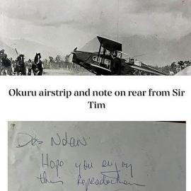 Okuru Airstrip and note on rear from Sir Tim.