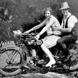 Thelma Caulton in front of her younger brother James Willis, on his BSA.