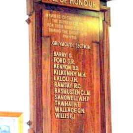 Greymouth NZ Railways roll of honour board