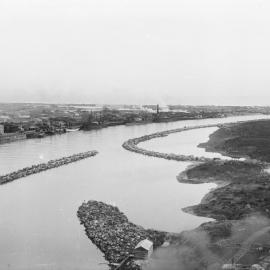 Elevated view of Cobden and the floodwells, and Cobden harbour, Grey River, 1905