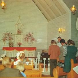 Postcard of inside view of old Notown Church at Shantytown, ca 1970's.