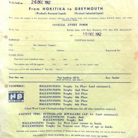 Entry form for the Great Westland Marathon, 1962.