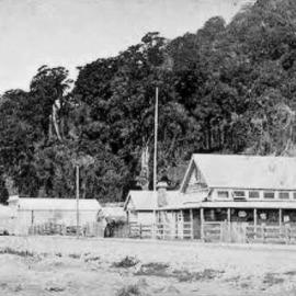A very early photo of the 1st Greymouth Post Office up by the bridge.1867