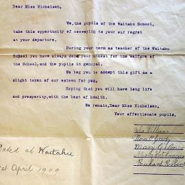 Thank you letter from the Waitahu school children to Eva Nicolson on her leaving to get married.