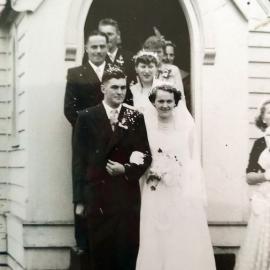 Bev and Lionel Donaldson's wedding at St Stephens Church, Reefton, 1957.