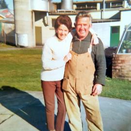 Inky McMahon and Mary outside Reefton Hospital, 1973.
