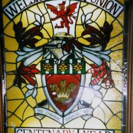 Stained glass window made by Peter Bradley formerly of Blaketown in place at Cardiff Arms Park Wales.1980.