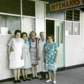 Harry & Irene outside Intemann's Cafe - with staff.Feb,1969.