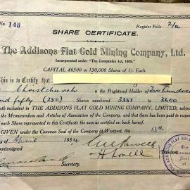 Addisons Flat Goldmining Company Ltd - Share Certificate.1934.