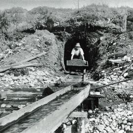 A Gold Digger brings paydirt out from his small gold claim, Addisons (8 miles south of Westport)