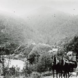 Newmans stage coach ascending School Hill at the Lyell, Upper Buller Gorge.
