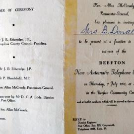 Cut over ceremony invitation of the Automatic Telephone Exchange,1970.