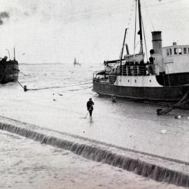 Ships tied up during Greymouth flood.