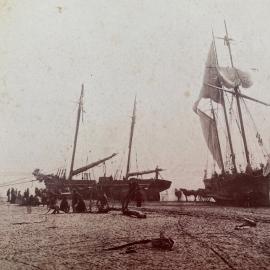 Ships on shingle beach, early Hokitika