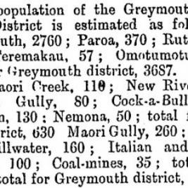 The Population of Greymouth - Wardens District and map.1874.