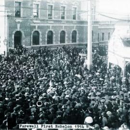  Farewelling  the First Echelon of soldiers leaving for the war - Post Office corner, Palmerston Street, Westport.1914.