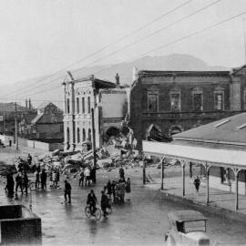 Earthquake destruction of Westport Post Office town clock, corner of Palmerston St and Brougham St.1929.