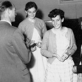 Athletic Club Awards presentation Anne Rathbun, Joan Muir, and Nancy Gillan,Greymouth,ca,1958..