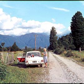 Althea Rowntree enjoying a picnic stop at Waitaha.1971.