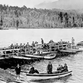   Barges used to haul logs across Lake Brunner from Hohonu and the Irishmans to Moana and Te Kinga.1920`s.