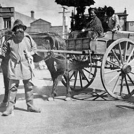 Pioneer character with horse and cart, Greymouth.