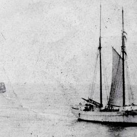 Sailing ship entering Greymouth port with channel digger/dredge in background.1890`s.