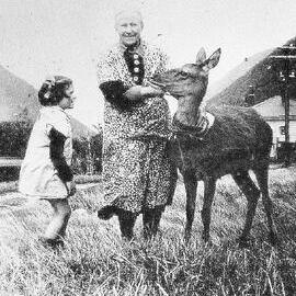 Helen Brown and her Grandmother with Timoshenko the pet deer.Arthurs Pass.early 1940's