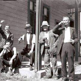 Leonard Alfred Diamond and unidentified men at the Empire Hotel, Seddonville.1930`s.