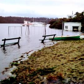 Lake Mahinapua in flood. 1970s.