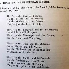Poem: A Toast to the Blaketown School by Paddy Blanchfield.1969.