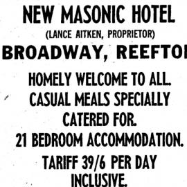 Advert for the New Masonic Hotel in Reefton, 1965.