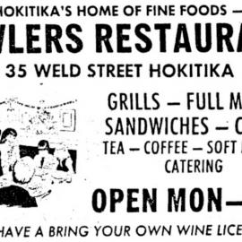 Advert for Fowler's Restaurant in Hokitika, 1979.