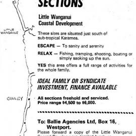 Advert for Little Wanganui Coastal Development, 1977.