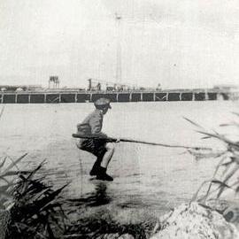 Peter O’Donoghue whitebaitting on the Grey river in the 1940’s.