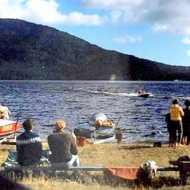 Outboard motor boat racing on Lake Kaniere.1960`s.