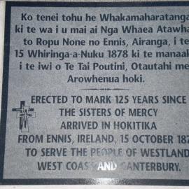 Plaque Commemorating Arrival Of Pioneer Sisters of mercy in Hokitika.