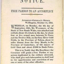 Notice of free pardon to any of the thieves in this West Coast robbery who testifies against his accomplices.28th Oct,1865.