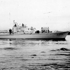 Hokitika Mayor Winston Reynolds on Naval Patrol Boat leaving Hokitika for Greymouth.