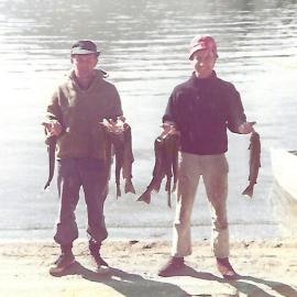 Snow Fraser & Michael Nottingham with a catch from Lake Brunner before heading to Mitchell`s Pub.