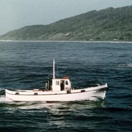 The Greymouth Harbour Board multi purpose utility vessel, William Steer, entering Greymouth.1970`s.