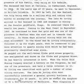 Obituary - Walter Irving, Reefton. Sept ,1922.